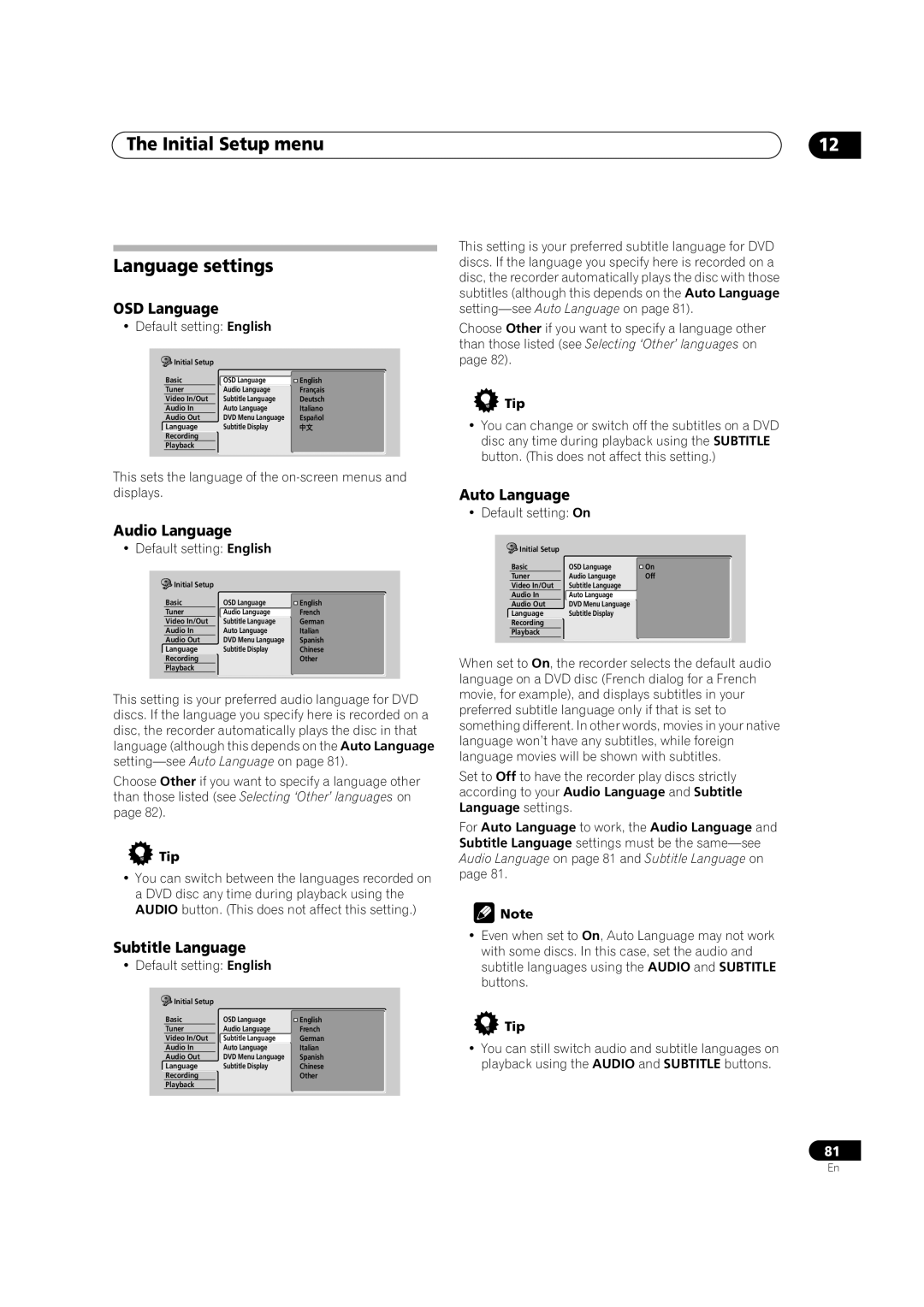 Pioneer DVR-320-S Initial Setup menu Language settings, OSD Language, Audio Language, Subtitle Language, Auto Language 