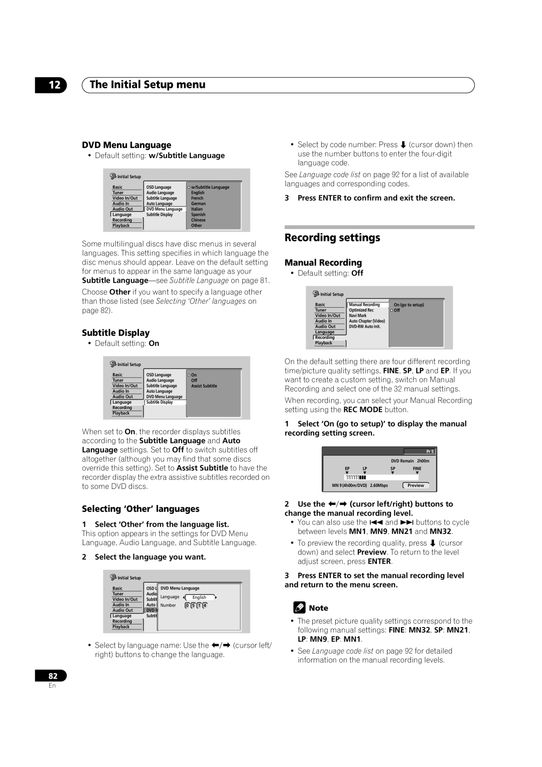 Pioneer DVR-320-S Recording settings, DVD Menu Language, Subtitle Display, Selecting ‘Other’ languages, Manual Recording 