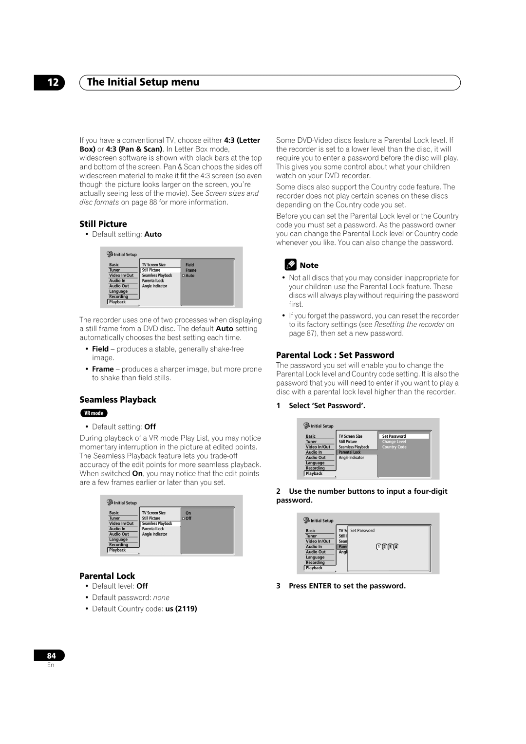 Pioneer DVR-320-S operating instructions Still Picture, Seamless Playback, Parental Lock Set Password 