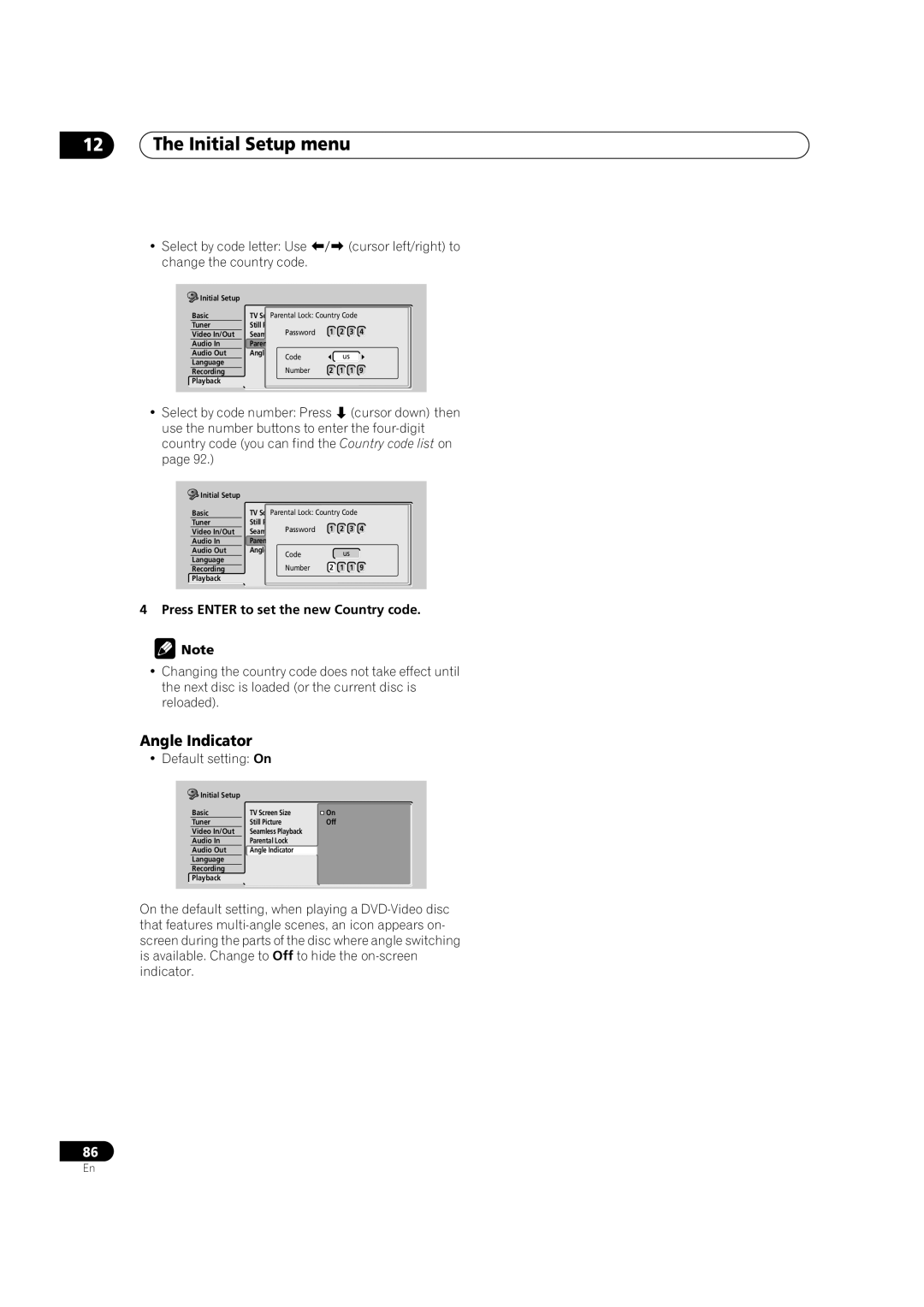 Pioneer DVR-320-S operating instructions Angle Indicator, Press Enter to set the new Country code 