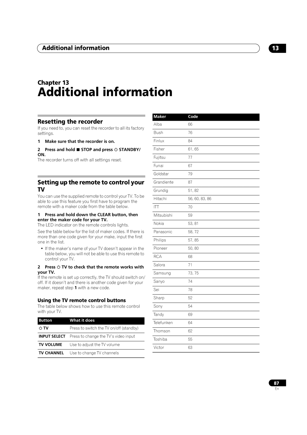 Pioneer DVR-320-S Additional information Chapter, Resetting the recorder, Setting up the remote to control your 