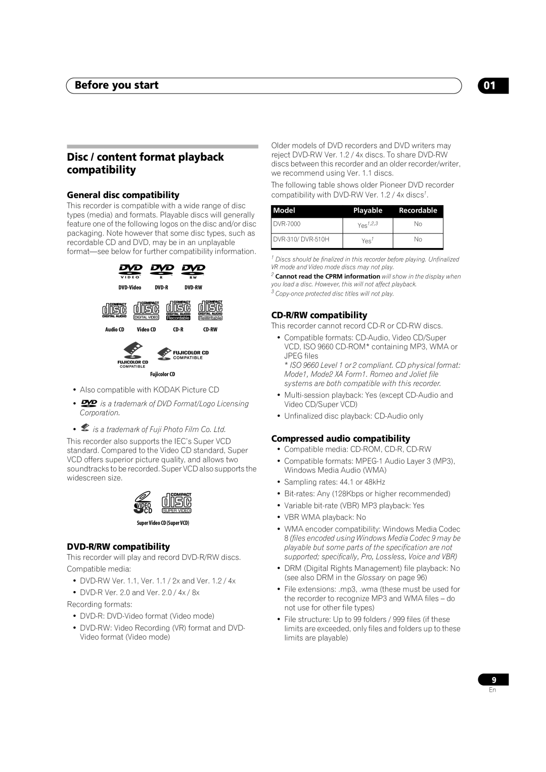 Pioneer DVR-320-S operating instructions General disc compatibility, DVD-R/RW compatibility, CD-R/RW compatibility 