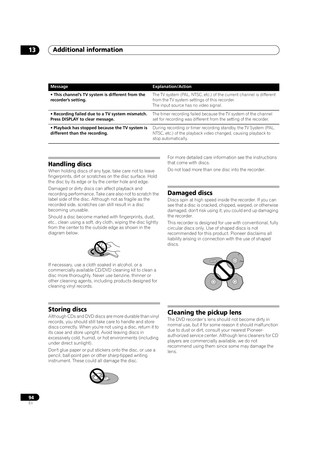 Pioneer DVR-320-S operating instructions Handling discs, Damaged discs, Storing discs, Cleaning the pickup lens 