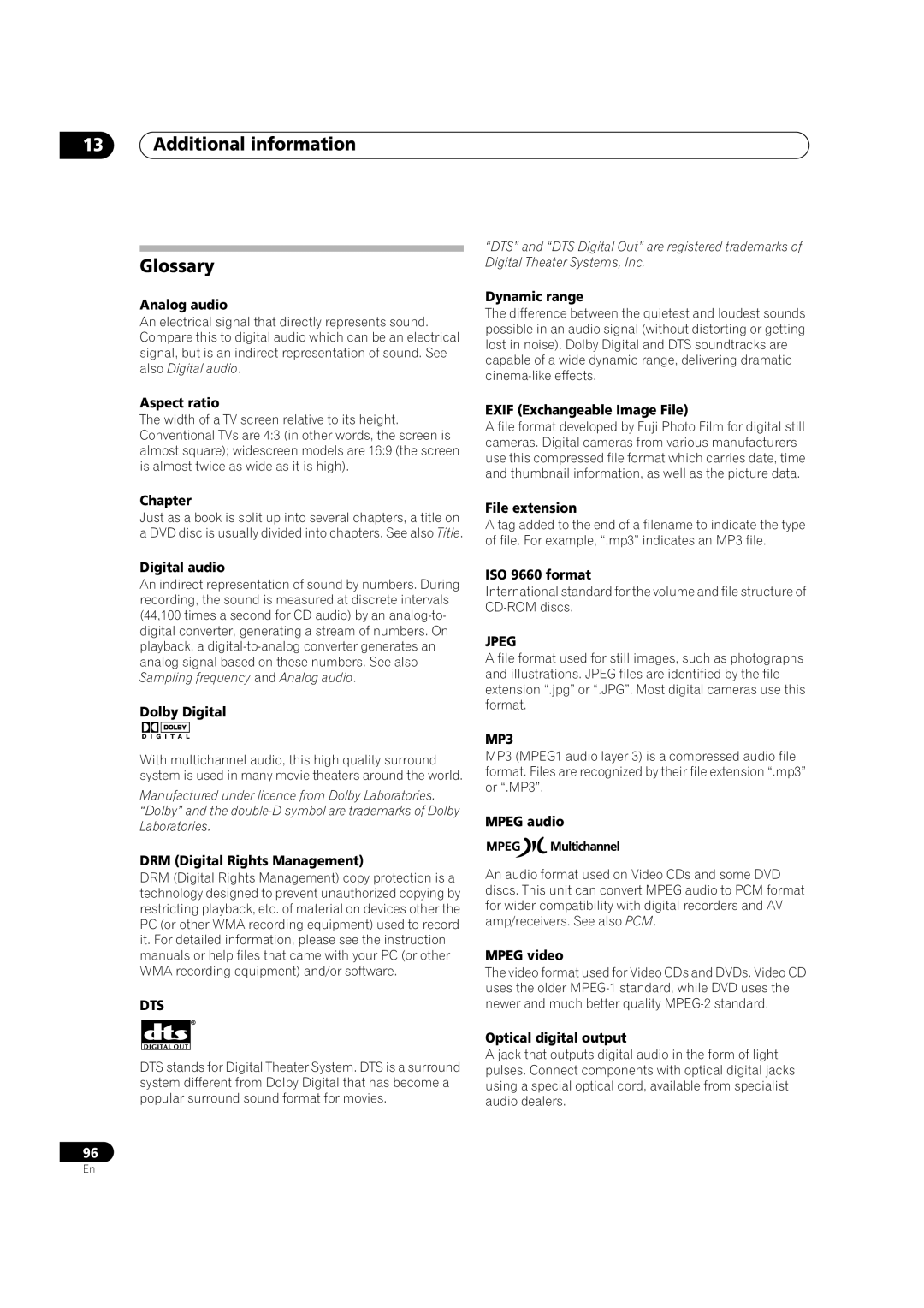 Pioneer DVR-320-S operating instructions Additional information Glossary 