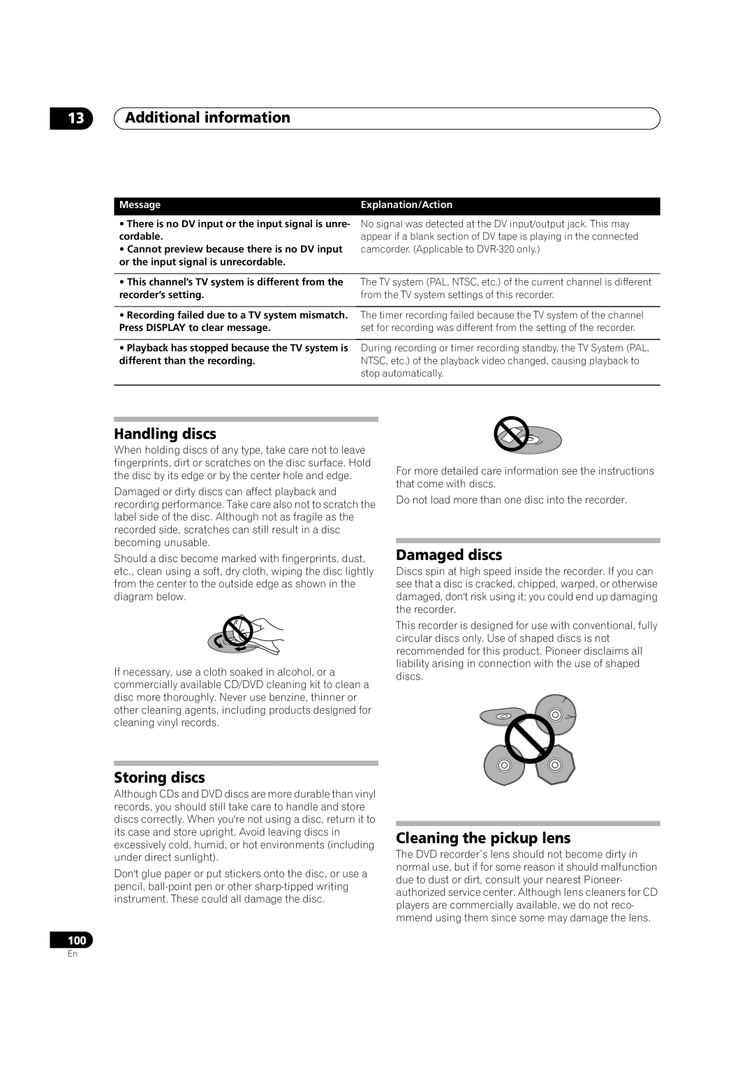 Pioneer DVR-320 Handling discs, Storing discs, Damaged discs, Cleaning the pickup lens, Explanation/Action 