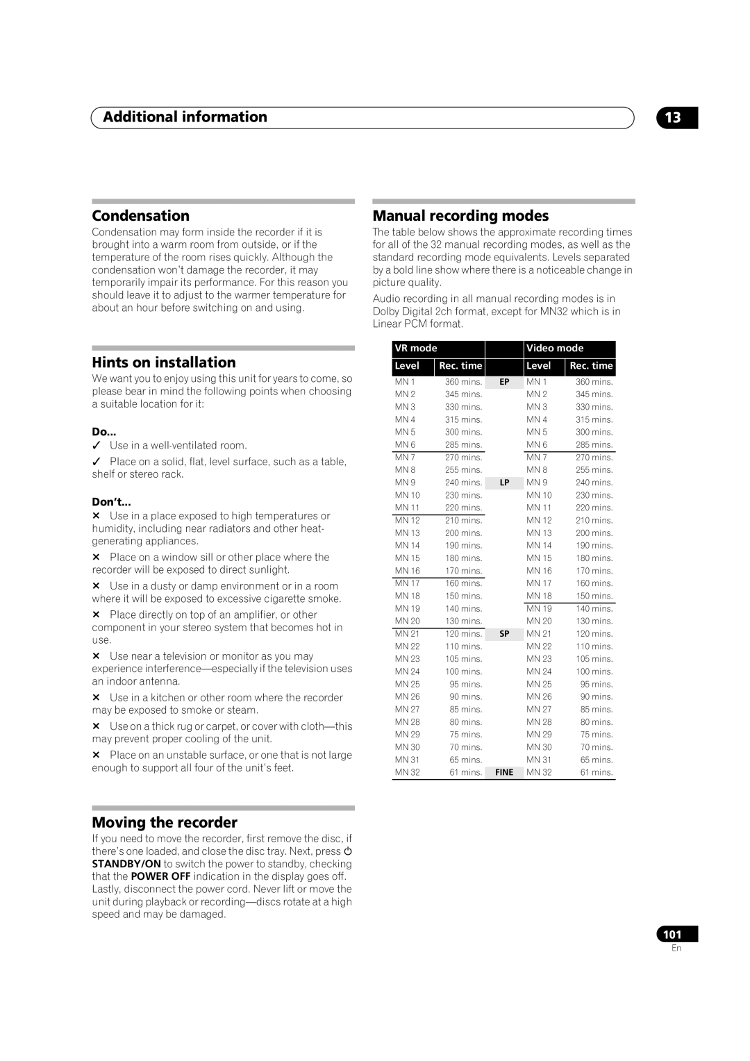 Pioneer DVR-320 Additional information Condensation, Hints on installation, Manual recording modes, Moving the recorder 