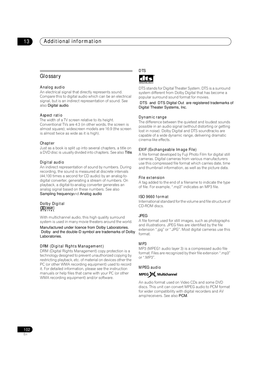 Pioneer DVR-320 operating instructions Additional information Glossary 