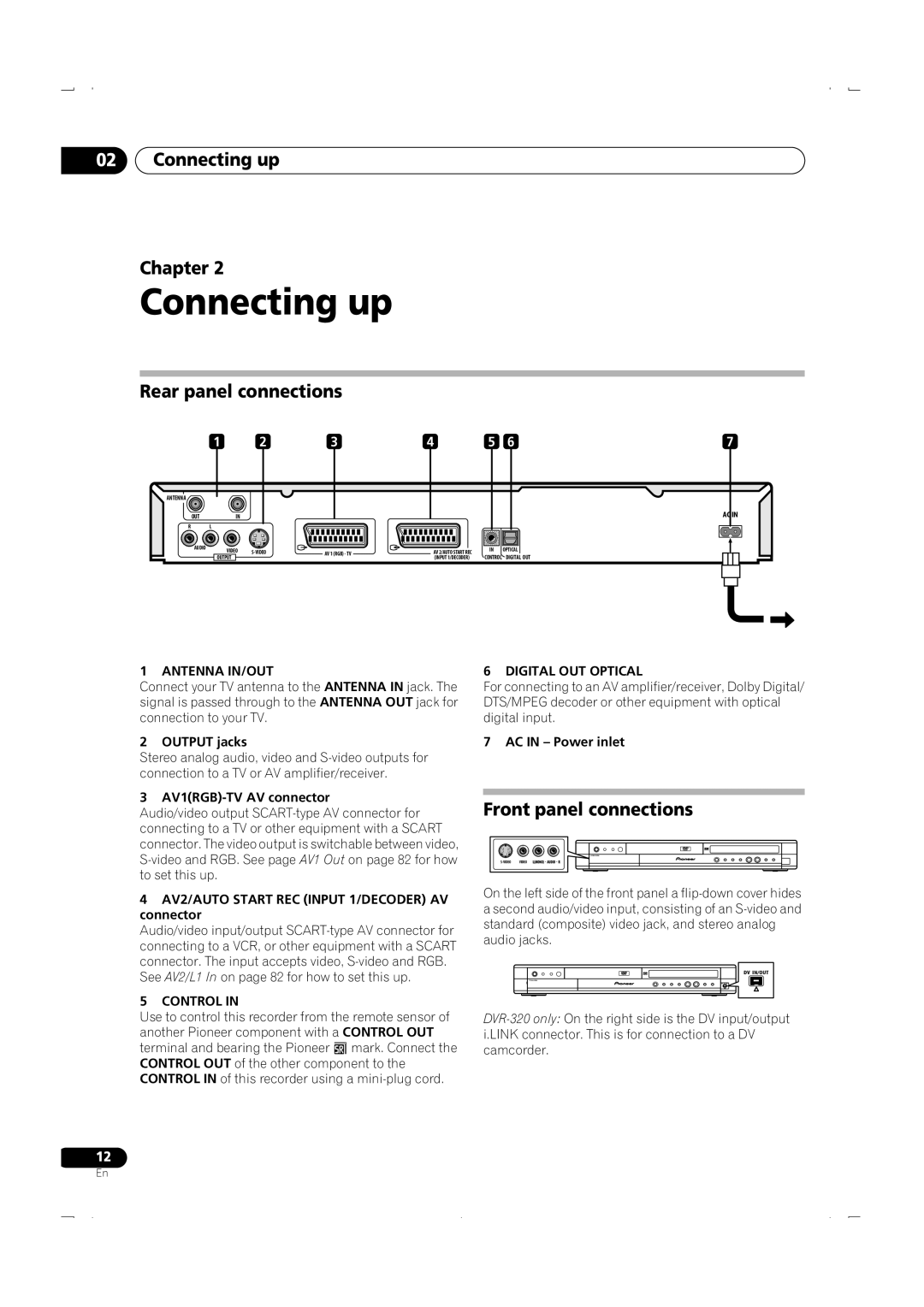 Pioneer DVR-320 operating instructions Connecting up Chapter, Rear panel connections, Front panel connections 