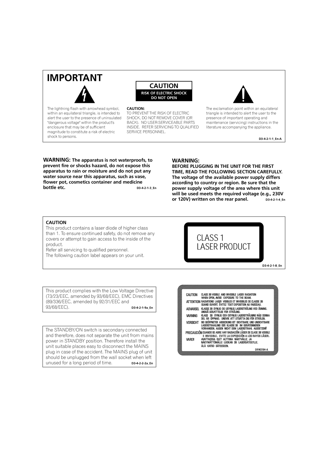 Pioneer DVR-320 operating instructions LASERPRODUCTCLASS1 