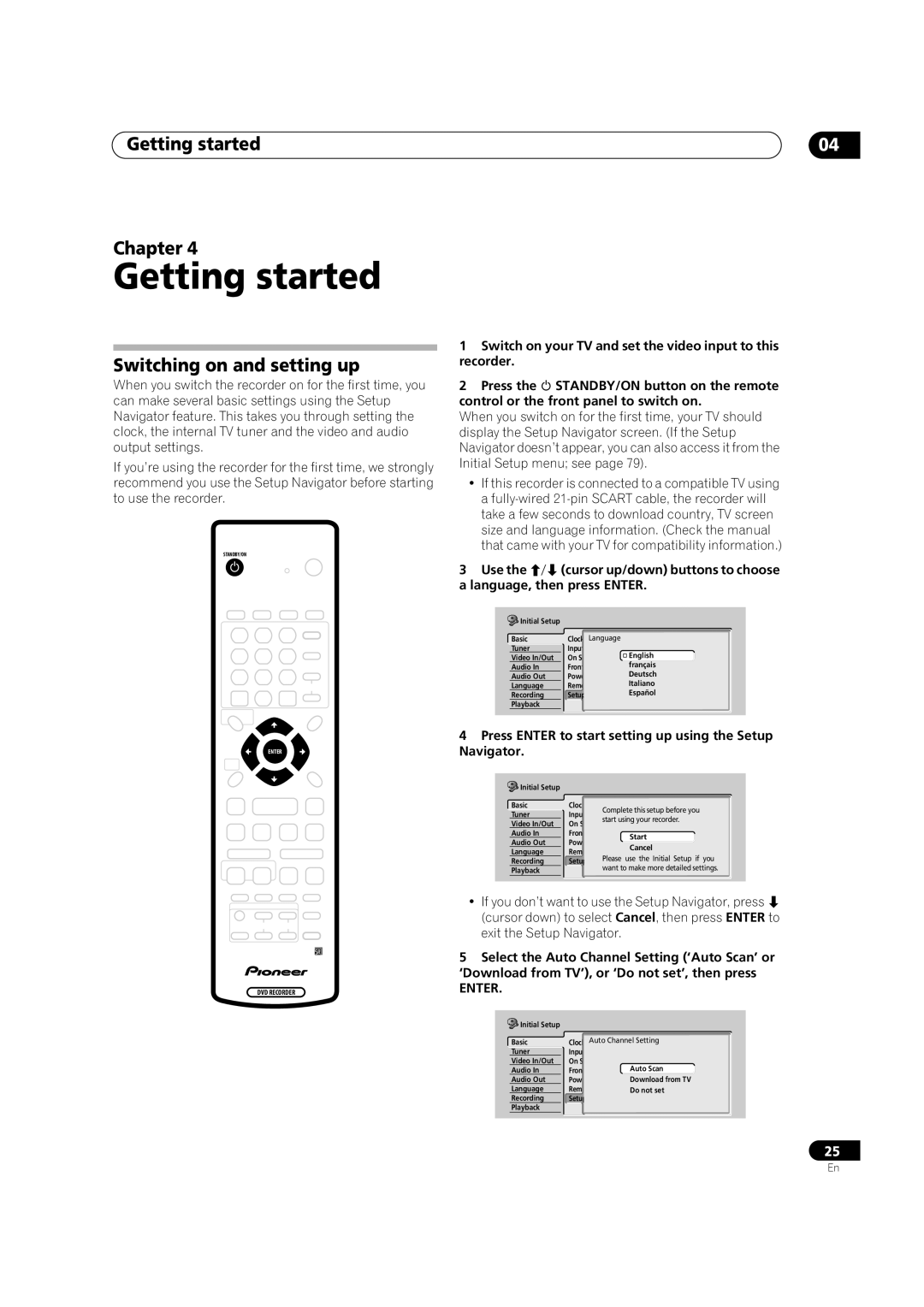 Pioneer DVR-320 operating instructions Getting started Chapter, Switching on and setting up, Enter 