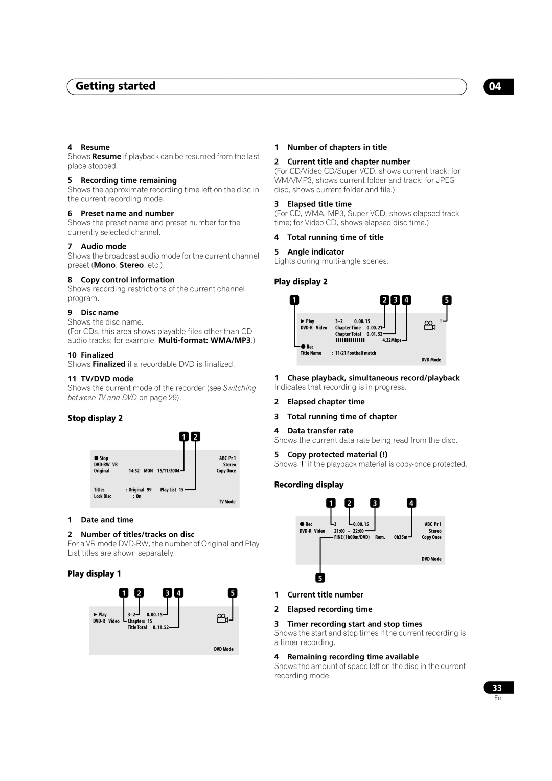 Pioneer DVR-320 operating instructions Play display, Recording display 