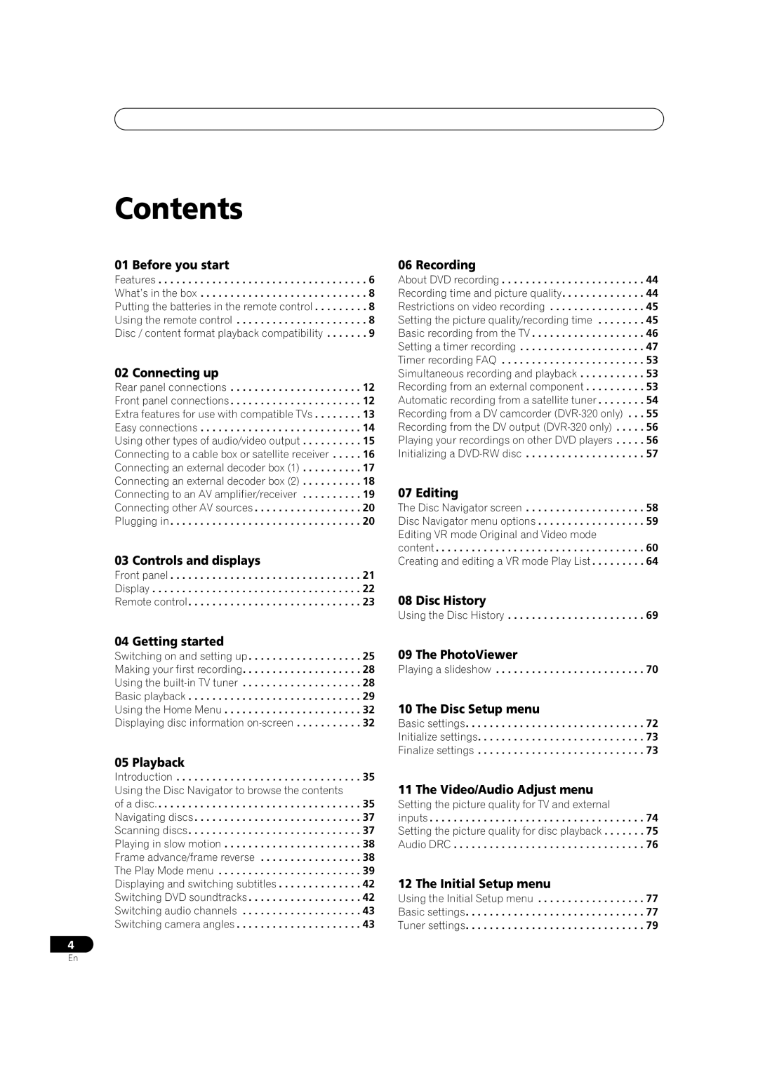 Pioneer DVR-320 operating instructions Contents 