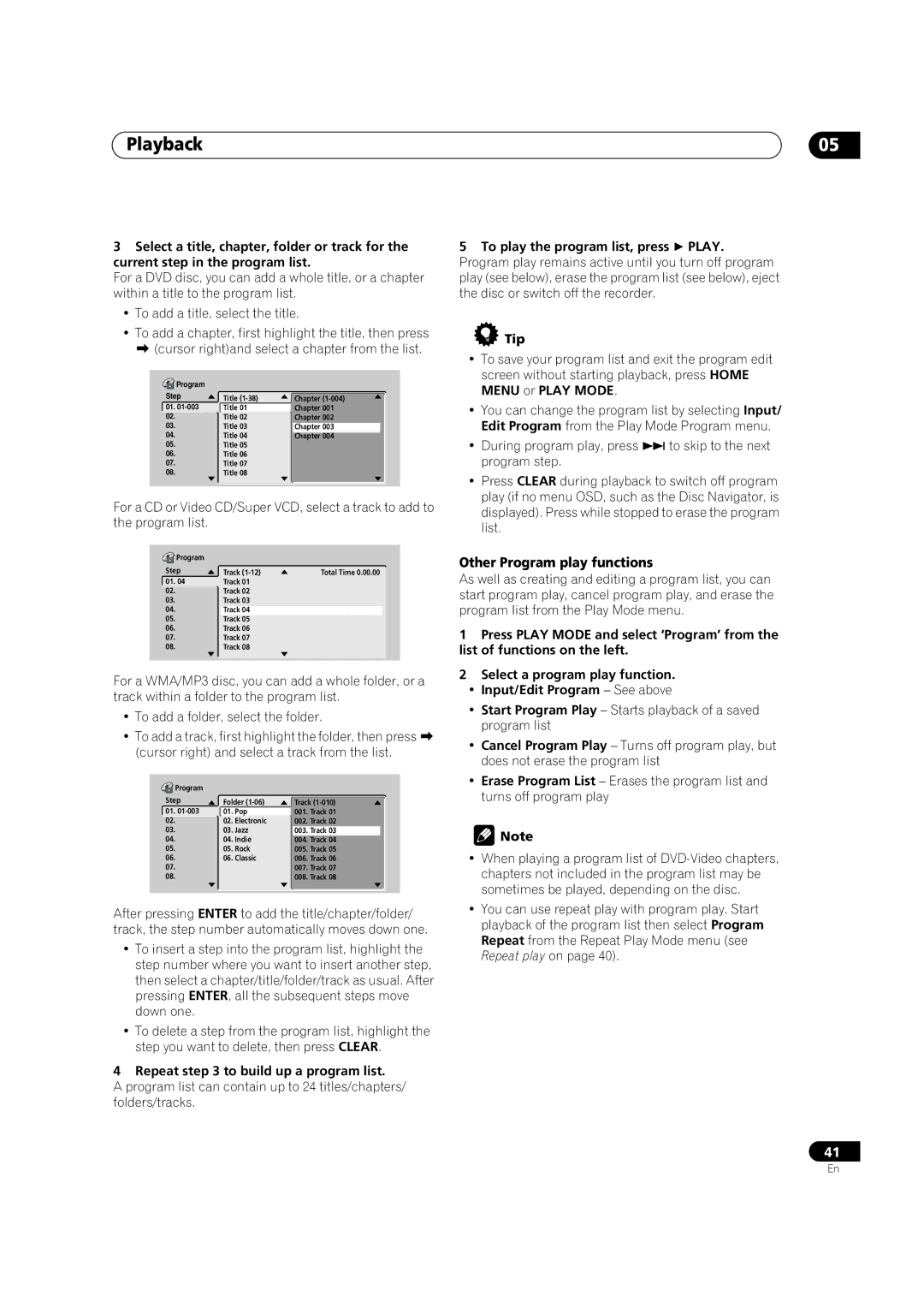 Pioneer DVR-320 operating instructions Other Program play functions, Repeat to build up a program list 