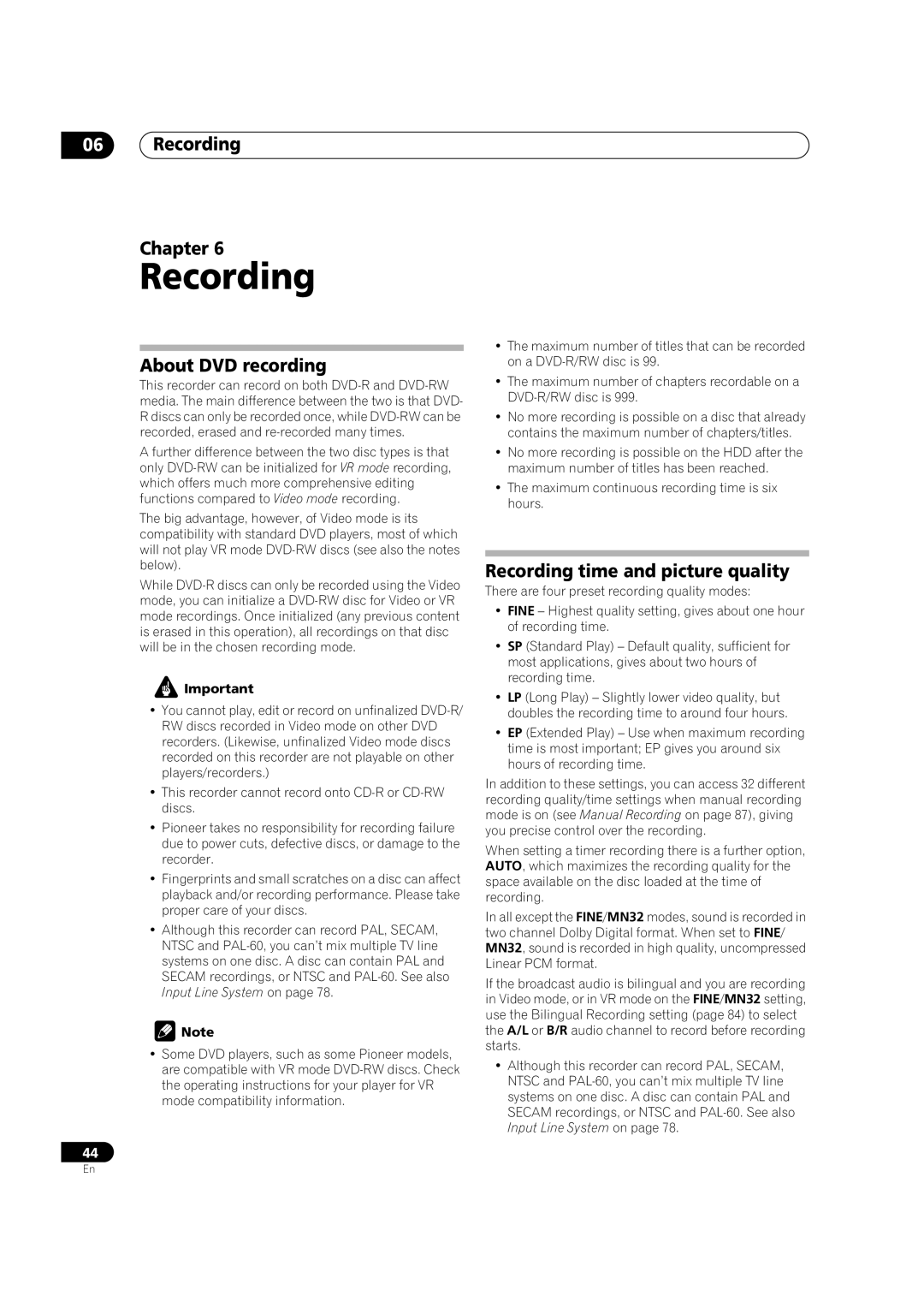 Pioneer DVR-320 operating instructions Recording Chapter, About DVD recording, Recording time and picture quality 