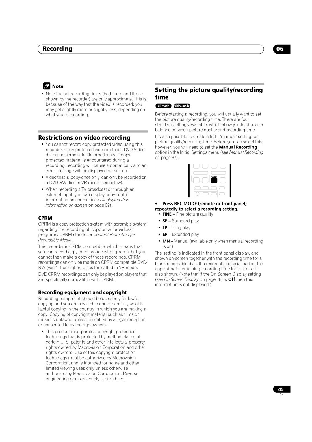 Pioneer DVR-320 Recording Restrictions on video recording, Setting the picture quality/recording time 