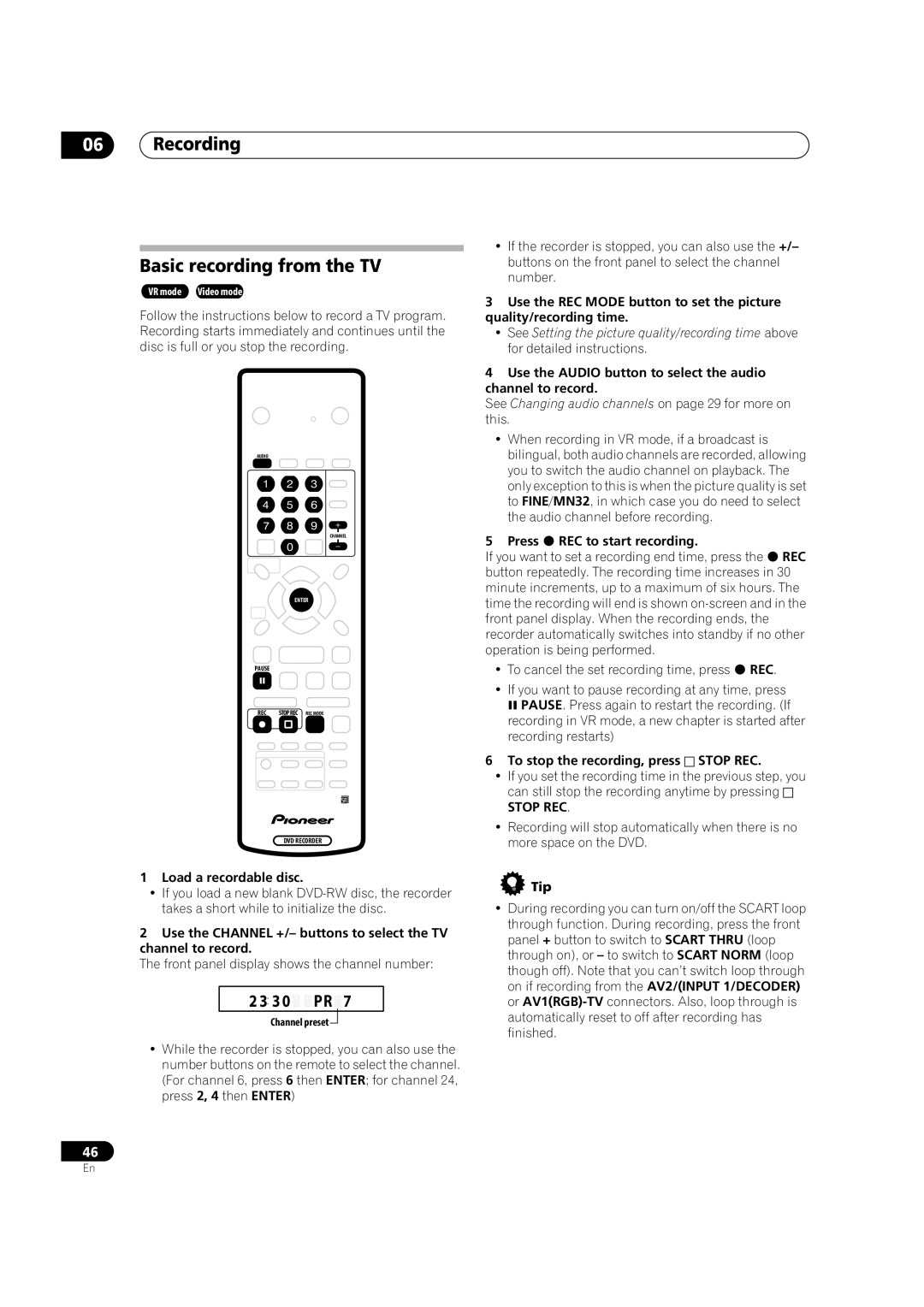 Pioneer DVR-320 Recording Basic recording from the TV, Load a recordable disc, To stop the recording, press Stop REC 