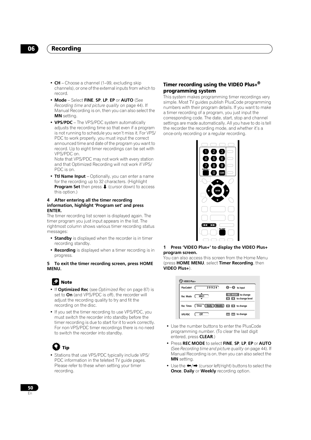 Pioneer DVR-320 operating instructions Timer recording using the Video Plus+ programming system 