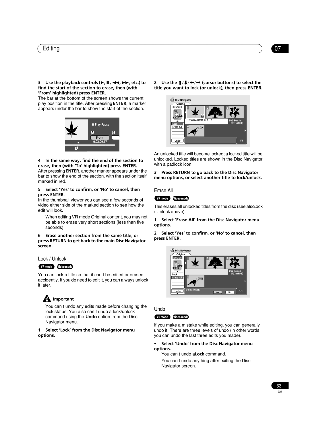 Pioneer DVR-320 Lock / Unlock, Erase All, Undo, This erases all unlocked titles from the disc see also Lock 