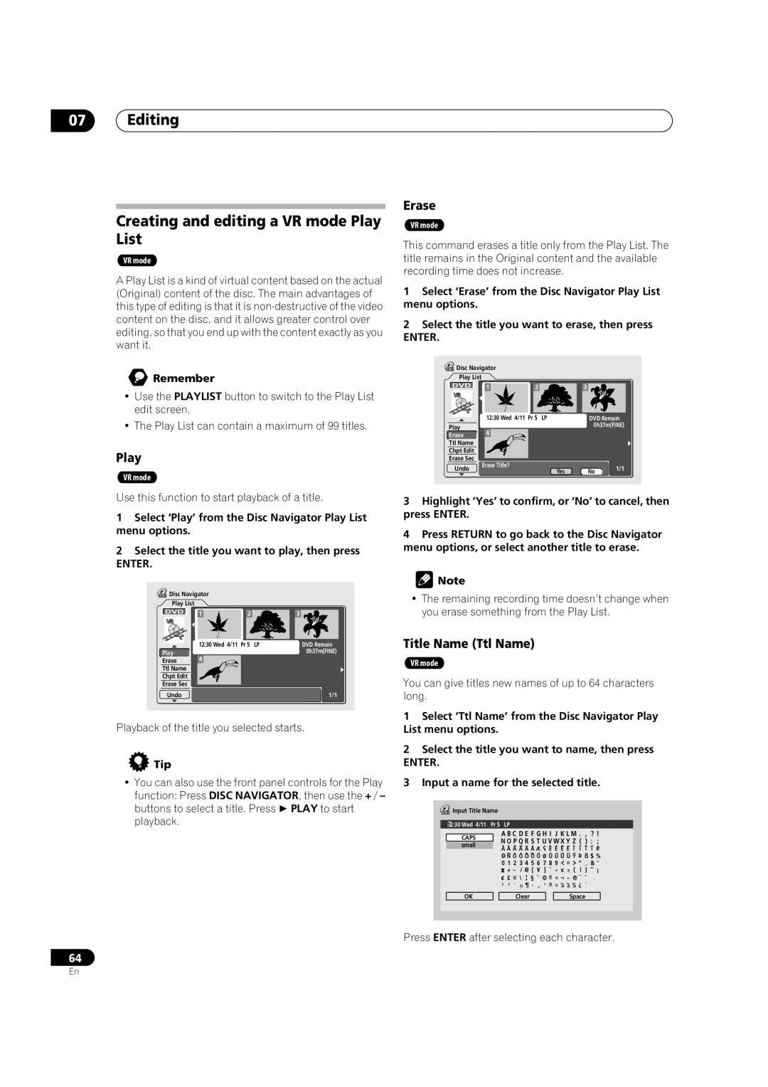 Pioneer DVR-320 Editing Creating and editing a VR mode Play List, Press Enter after selecting each character 