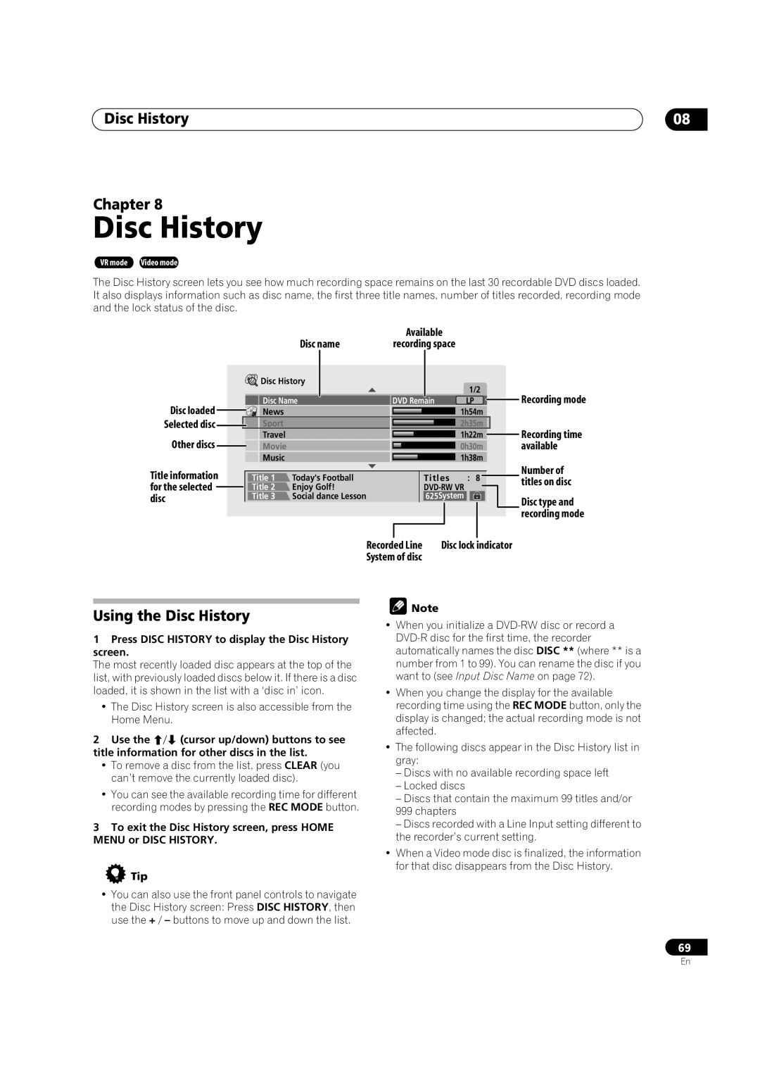 Pioneer DVR-320 operating instructions Disc History Chapter, Using the Disc History 