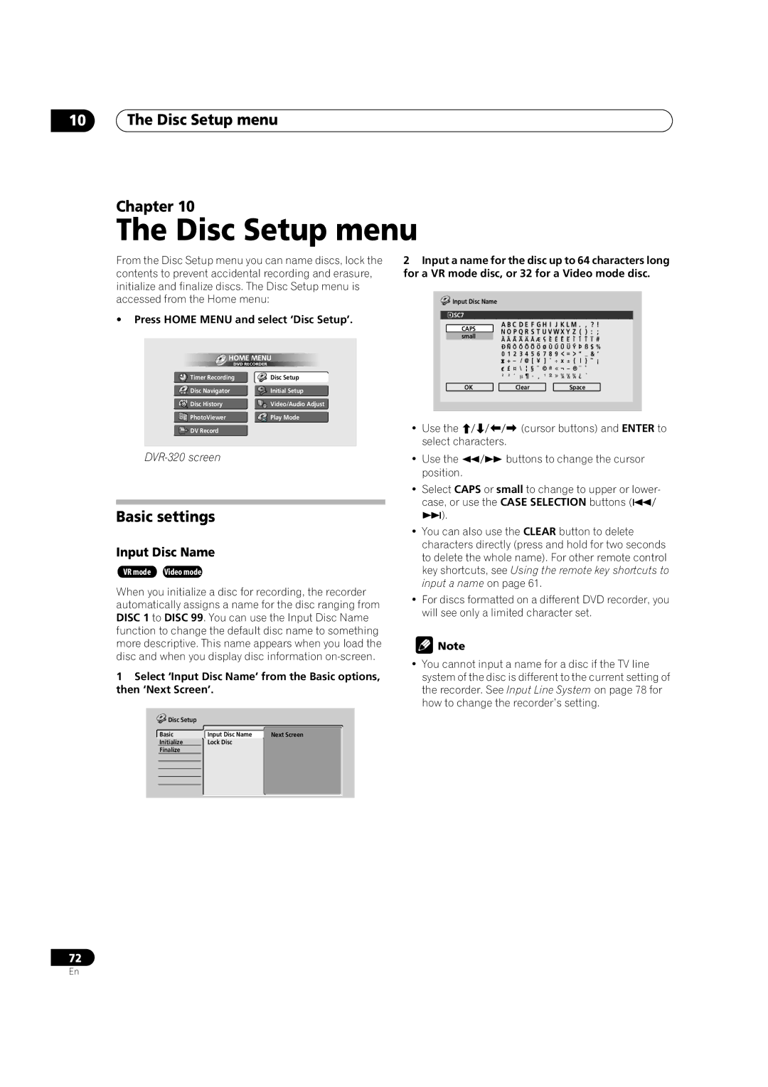 Pioneer DVR-320 Disc Setup menu Chapter, Basic settings, Input Disc Name, Press Home Menu and select ‘Disc Setup’ 