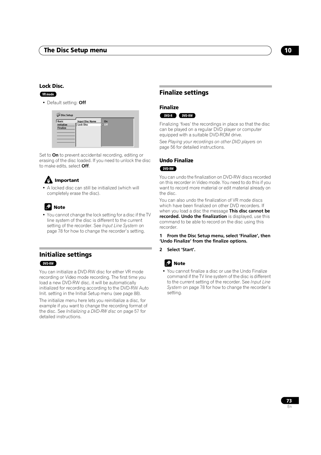 Pioneer DVR-320 operating instructions Disc Setup menu, Initialize settings, Finalize settings 