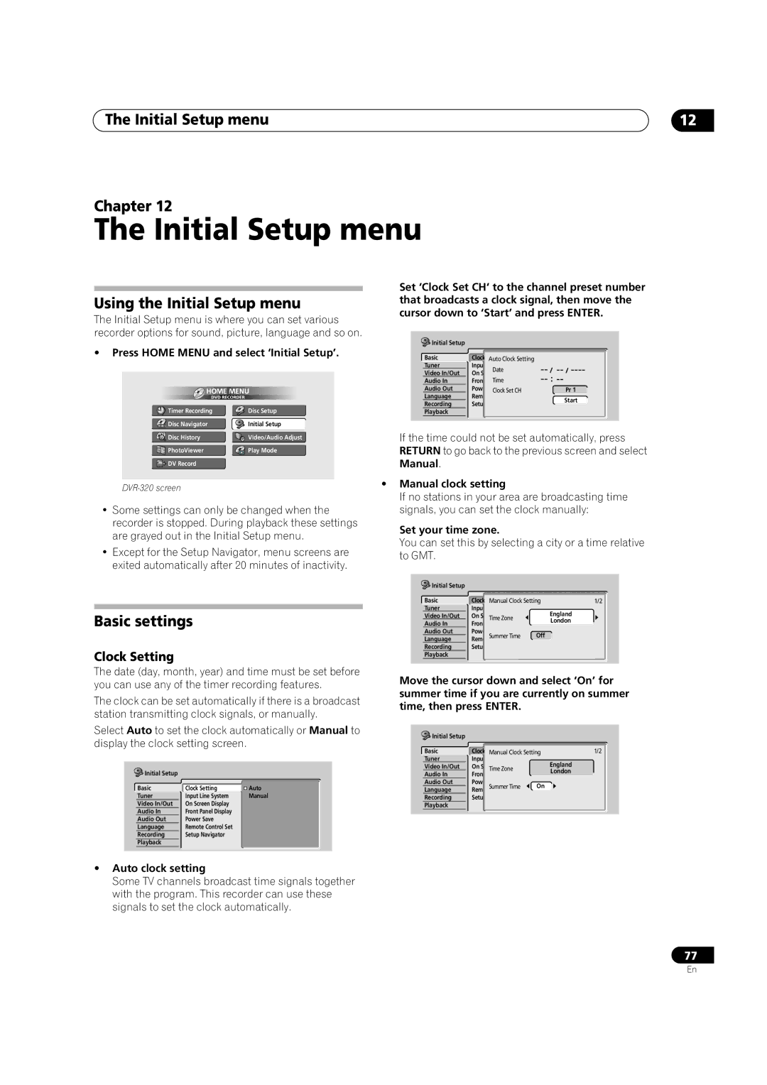 Pioneer DVR-320 operating instructions Initial Setup menu Chapter, Using the Initial Setup menu, Clock Setting 