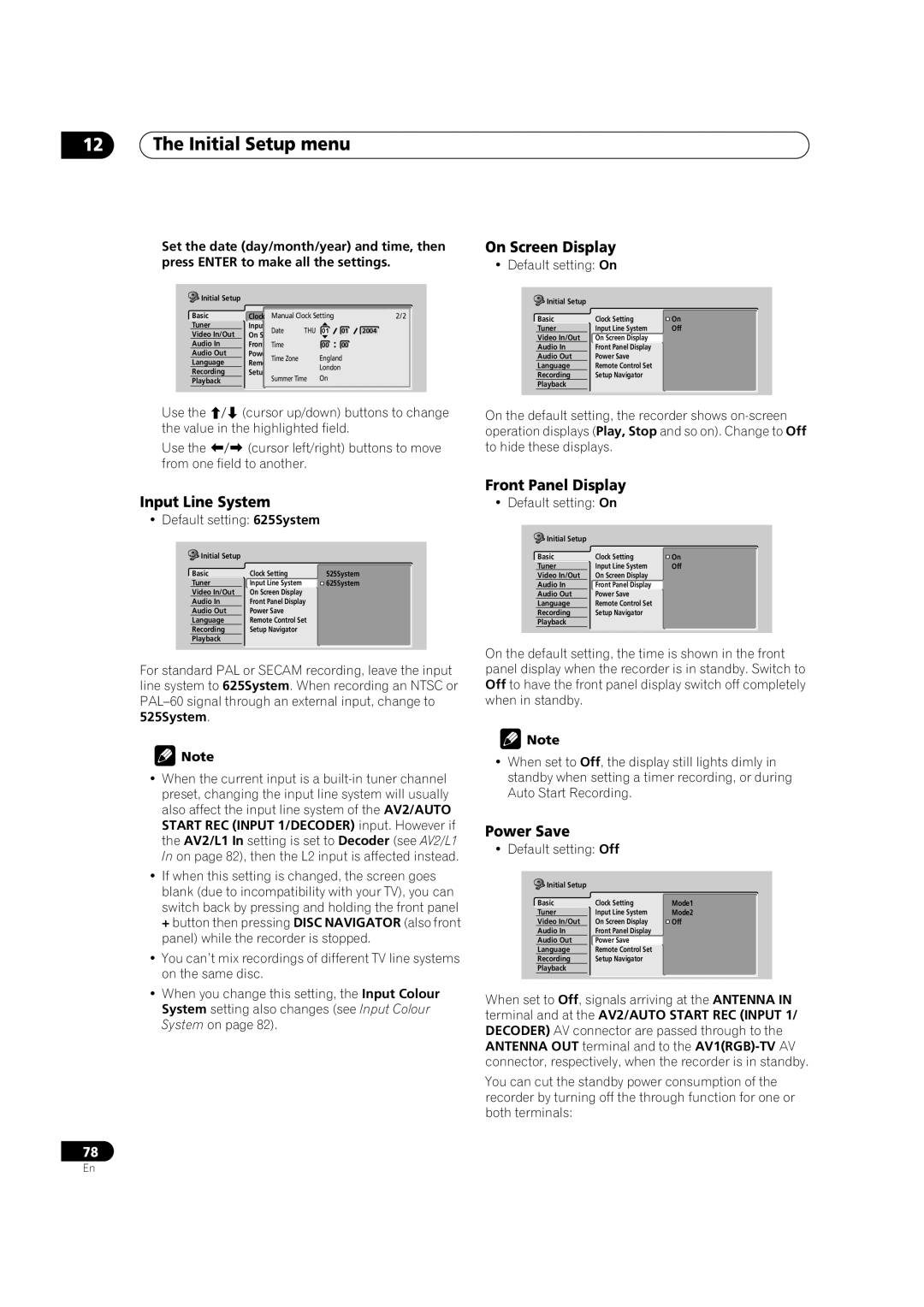 Pioneer DVR-320 Initial Setup menu, Input Line System, On Screen Display, Front Panel Display, Power Save 