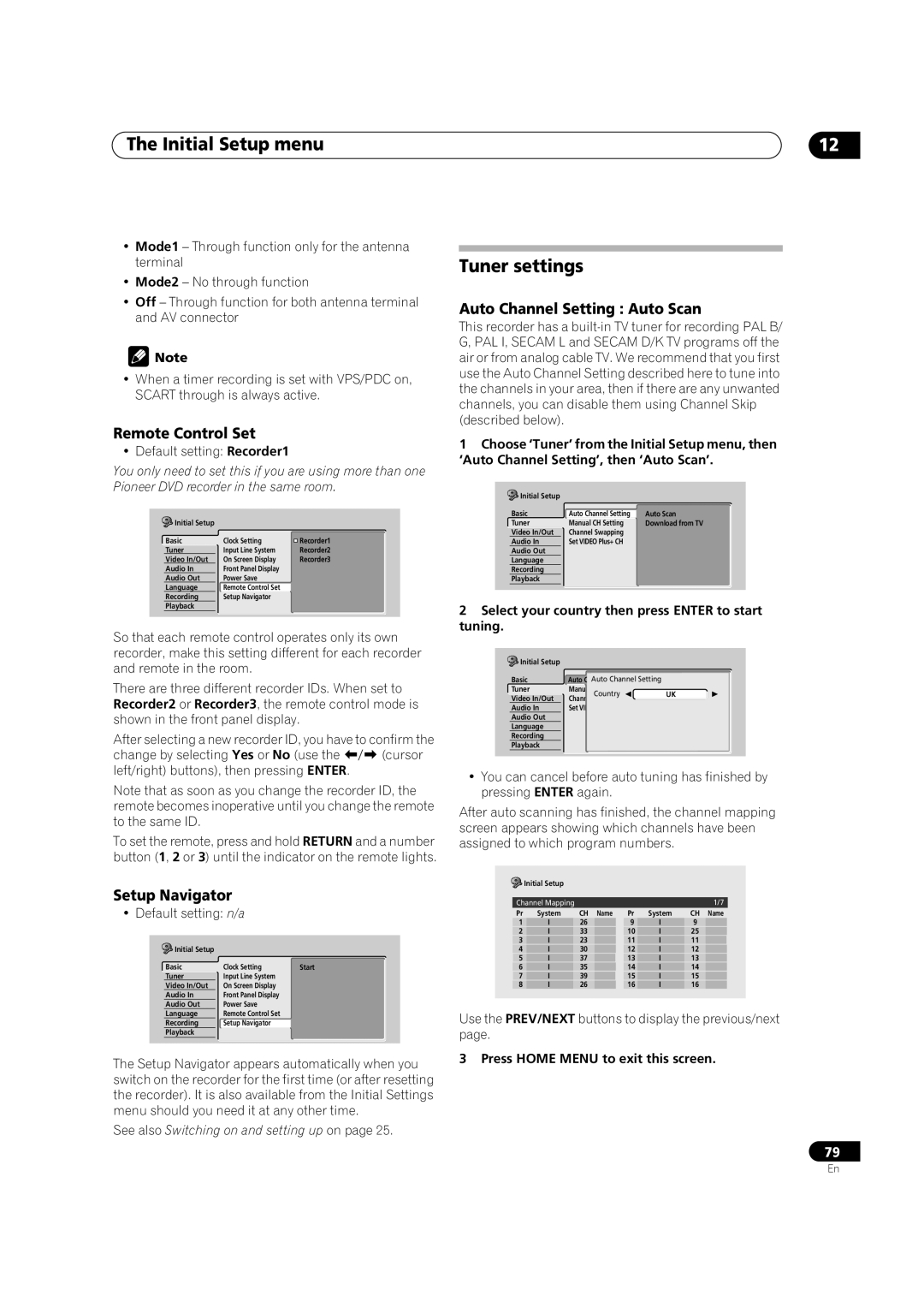 Pioneer DVR-320 operating instructions Tuner settings, Remote Control Set, Setup Navigator, Auto Channel Setting Auto Scan 