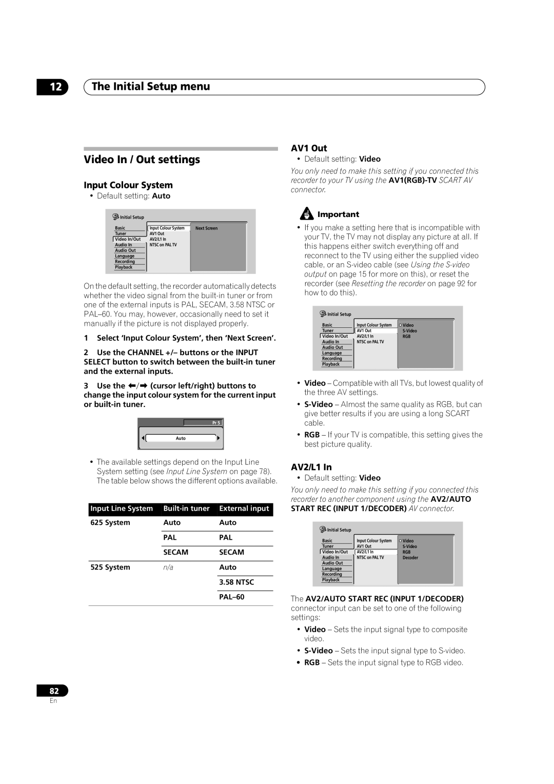 Pioneer DVR-320 Initial Setup menu Video In / Out settings, Input Colour System, AV1 Out, AV2/L1, PAL Secam 