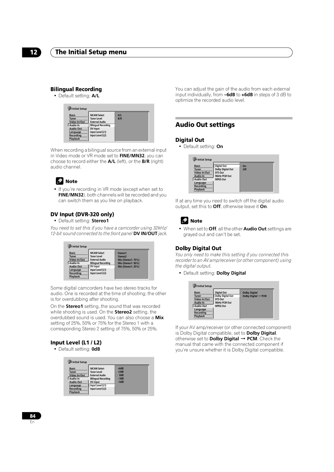 Pioneer DVR-320 operating instructions Audio Out settings 