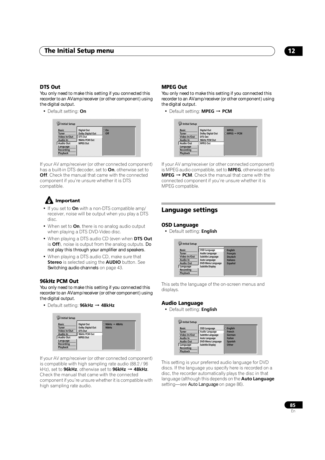 Pioneer DVR-320 operating instructions Language settings 