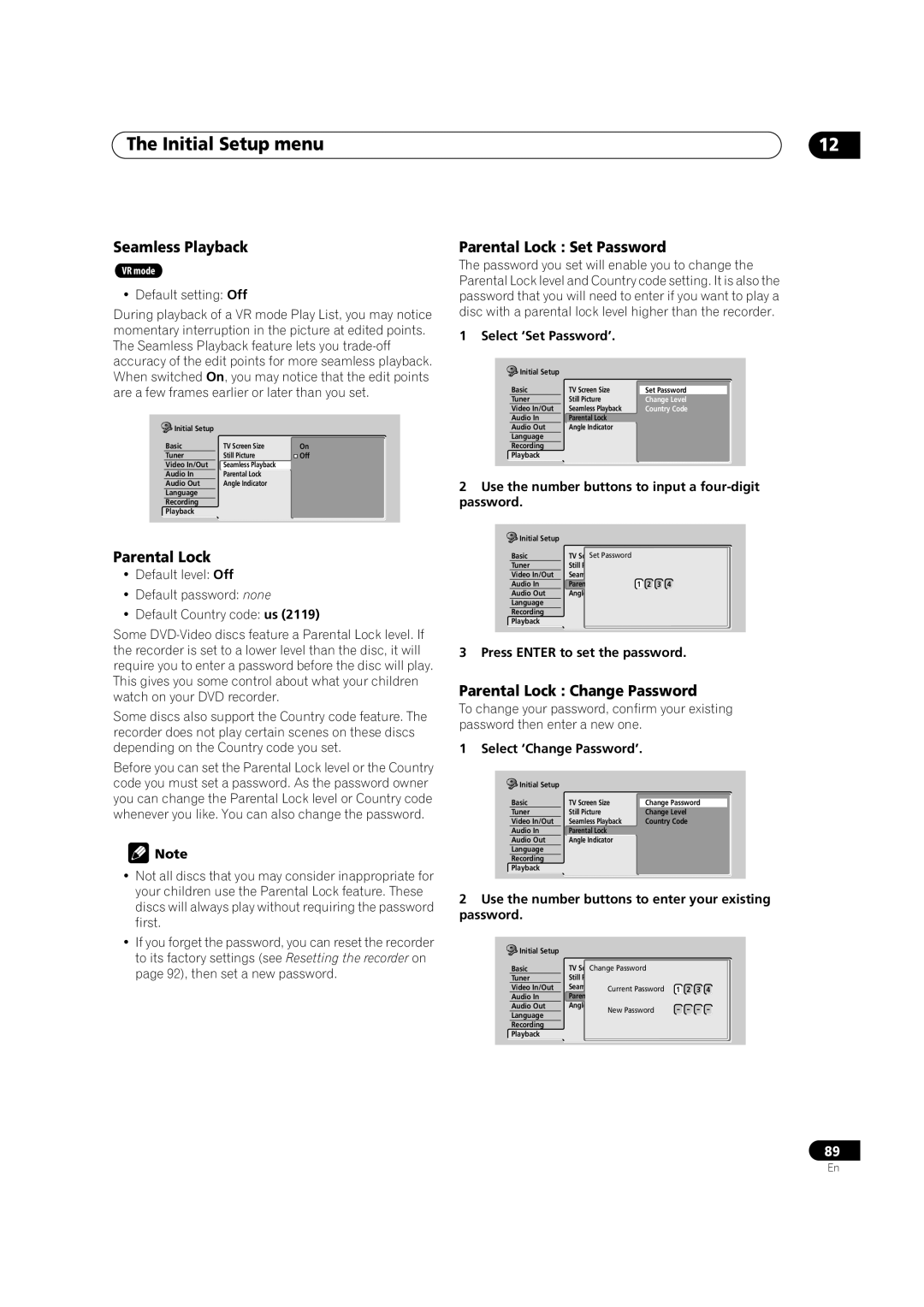 Pioneer DVR-320 operating instructions Seamless Playback, Parental Lock Set Password, Parental Lock Change Password 