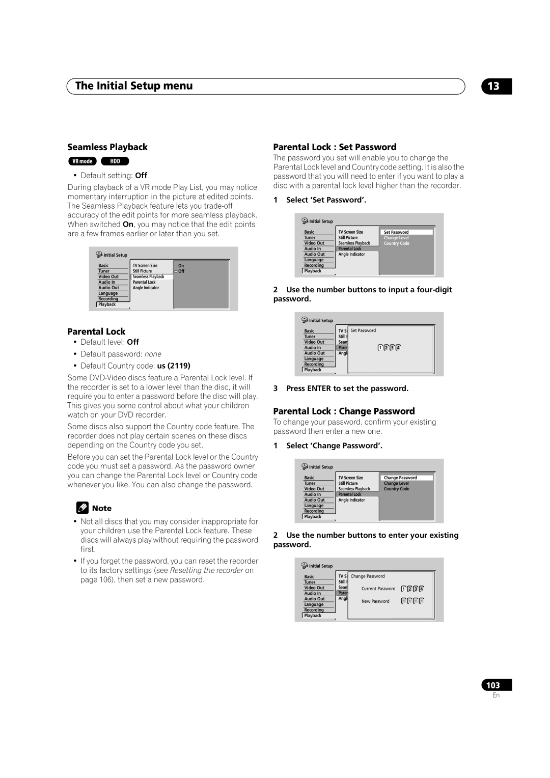 Pioneer DVR-420H manual Seamless Playback, Parental Lock Set Password, Parental Lock Change Password 