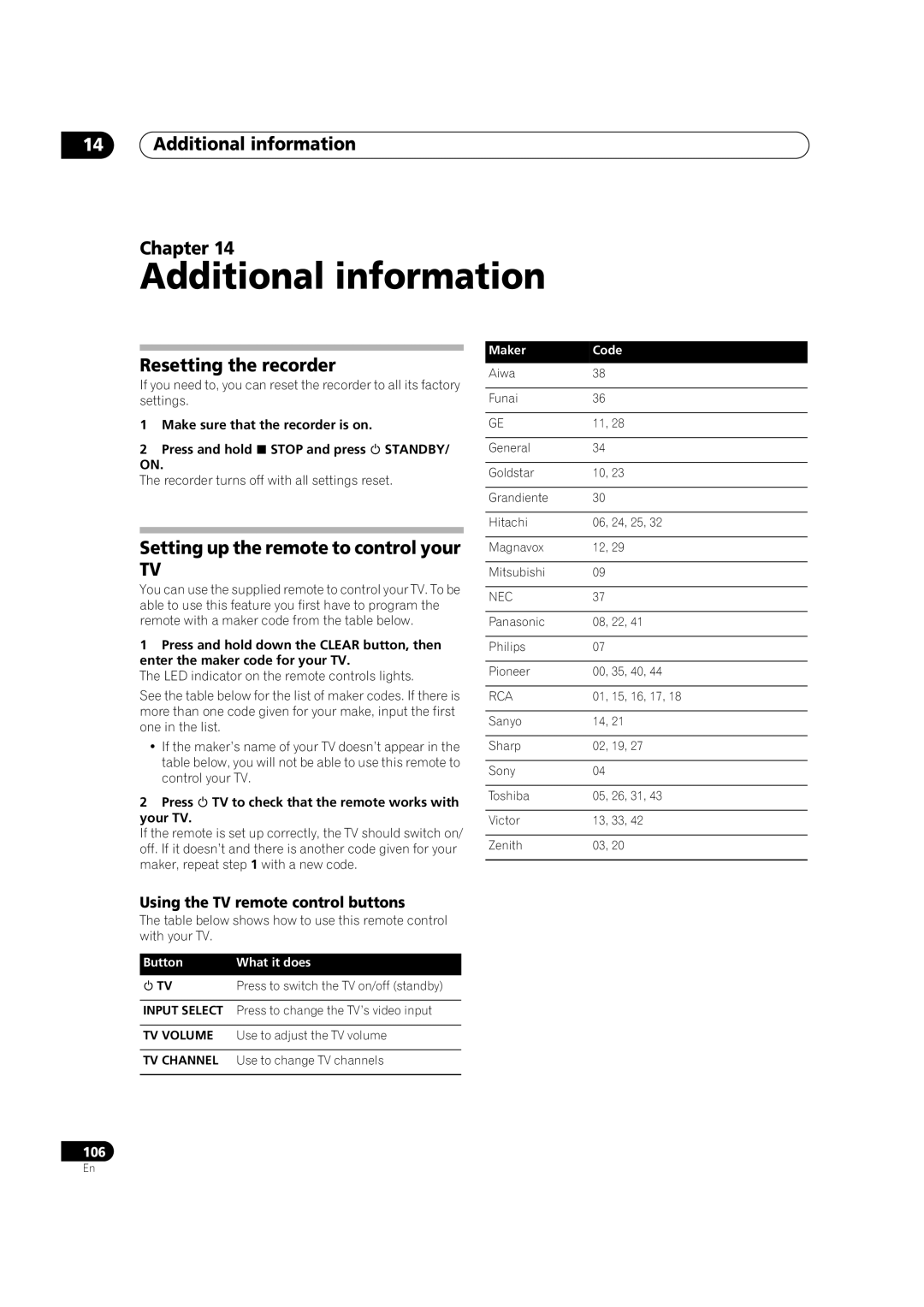 Pioneer DVR-420H manual Additional information Chapter, Resetting the recorder, Setting up the remote to control your 