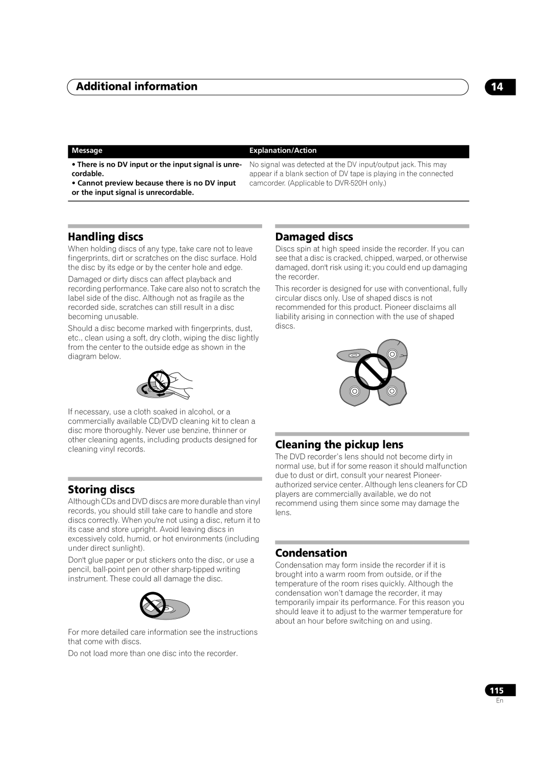 Pioneer DVR-420H manual Handling discs, Storing discs, Damaged discs, Cleaning the pickup lens, Condensation 