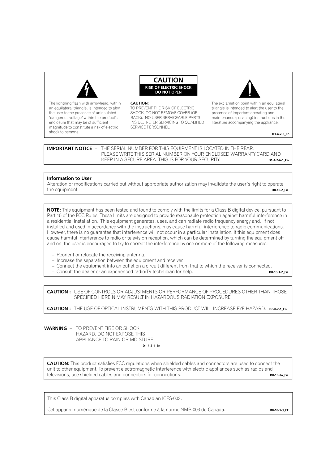 Pioneer DVR-420H manual Information to User, Risk of Electric Shock Do not Open 