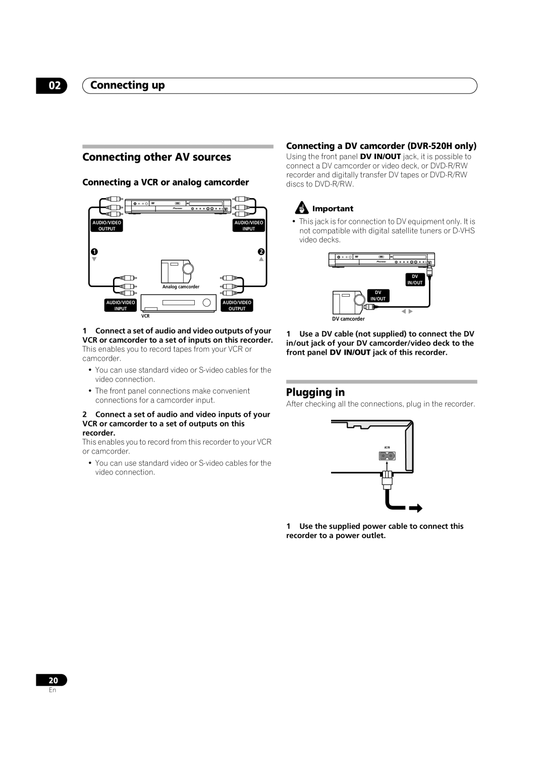 Pioneer DVR-420H manual Connecting up Connecting other AV sources, Plugging 