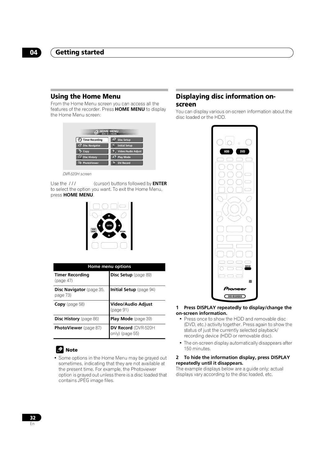 Pioneer DVR-420H manual Getting started Using the Home Menu, Displaying disc information on- screen, Home menu options 