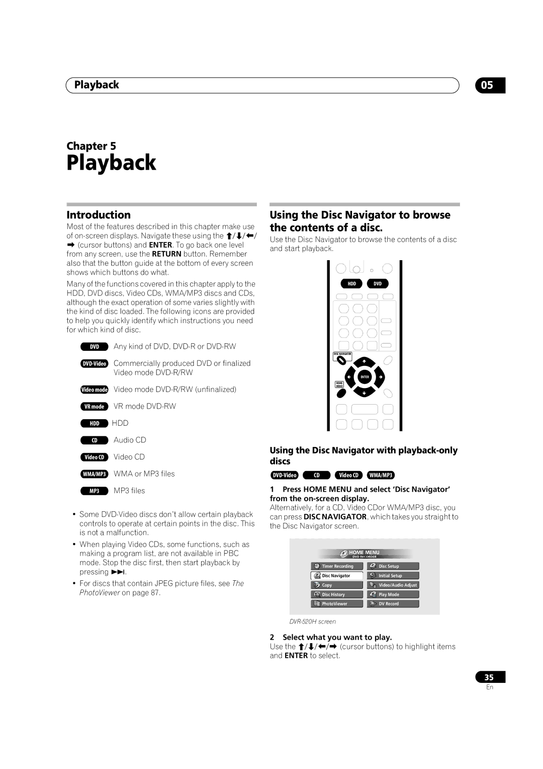 Pioneer DVR-420H manual Playback Chapter, Introduction, Using the Disc Navigator to browse the contents of a disc 