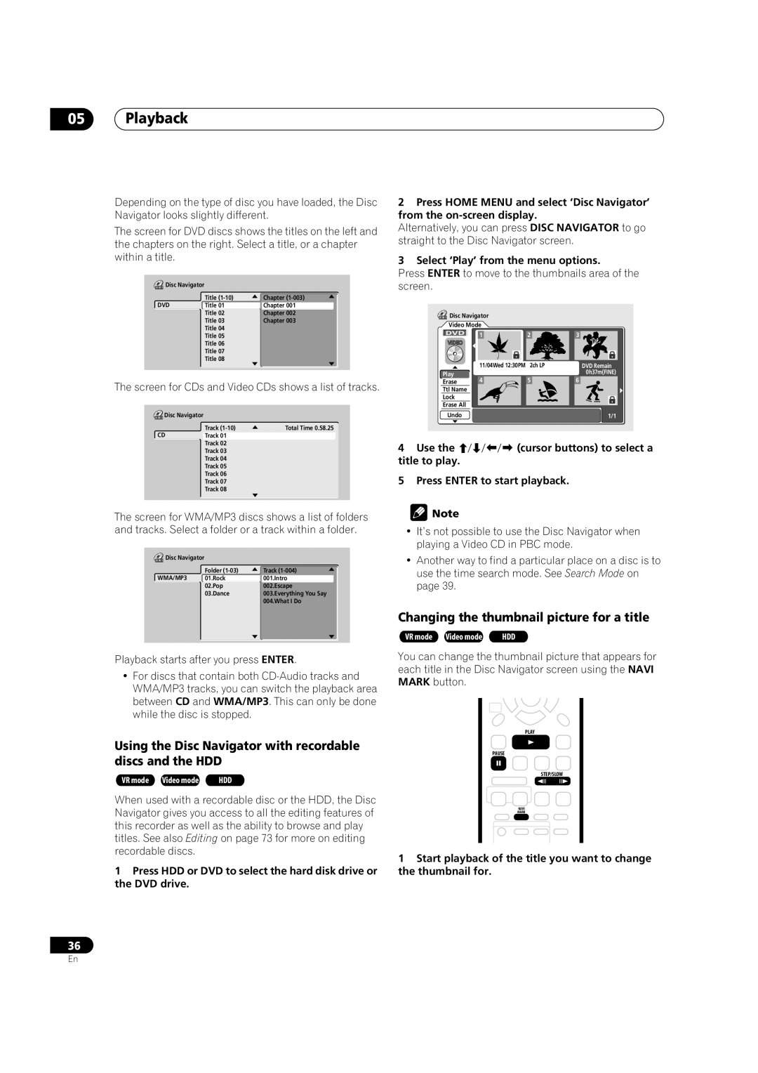 Pioneer DVR-420H manual Playback, Using the Disc Navigator with recordable discs and the HDD 