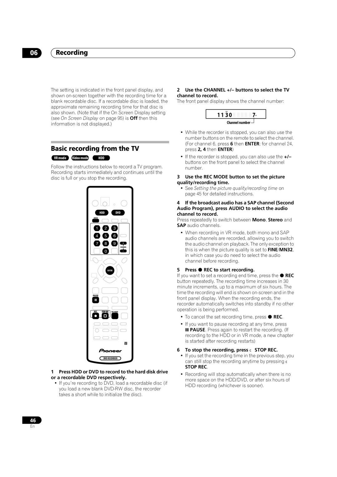 Pioneer DVR-420H manual Basic recording from the TV, Front panel display shows the channel number 