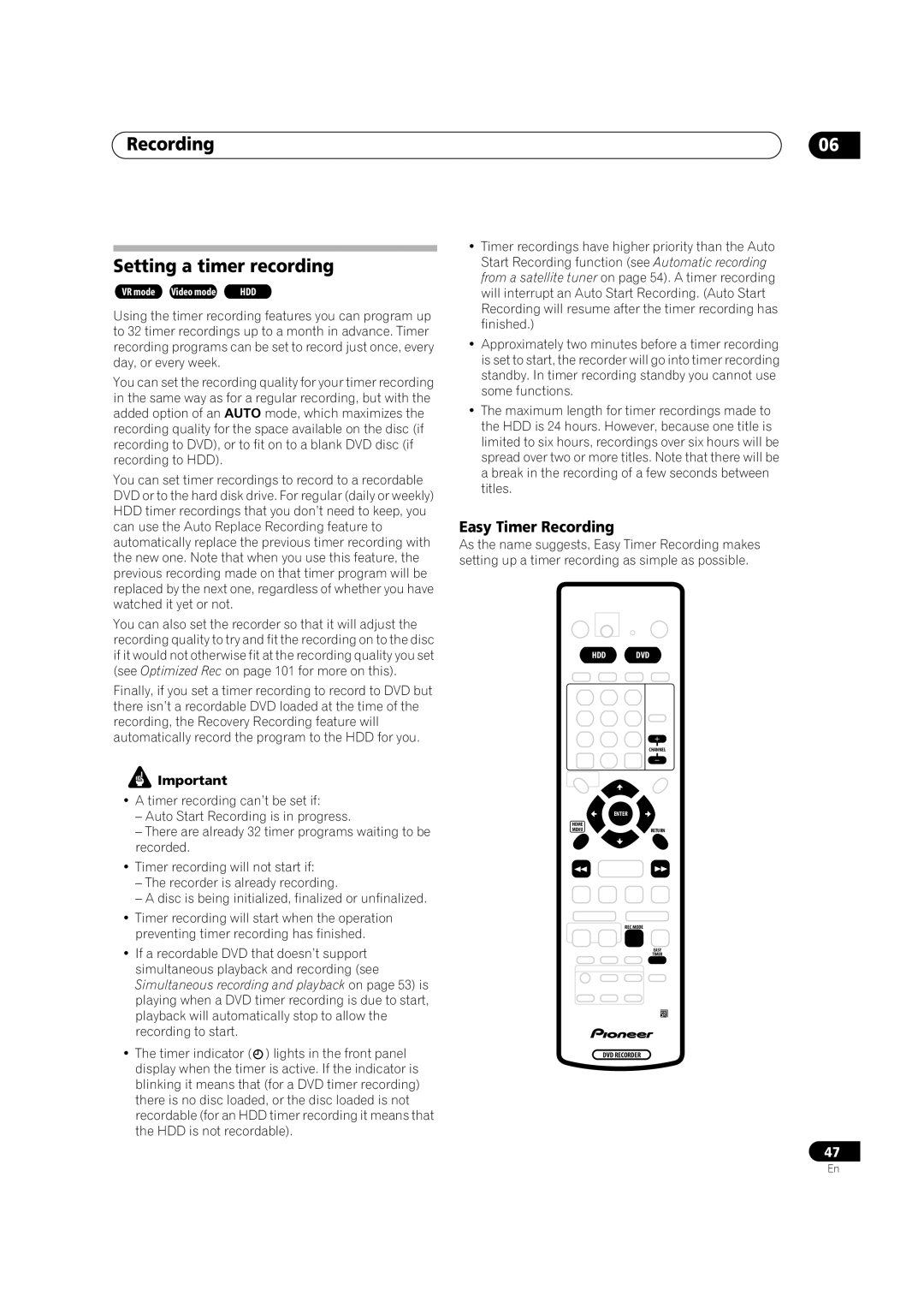 Pioneer DVR-420H manual Recording Setting a timer recording, Easy Timer Recording 