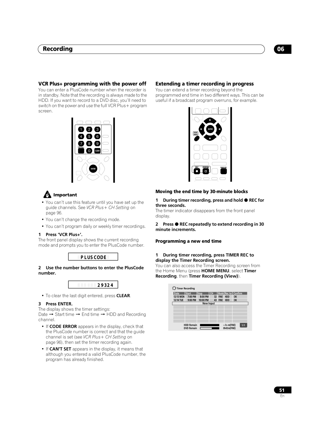 Pioneer DVR-420H manual VCR Plus+ programming with the power off, Extending a timer recording in progress, US Code 