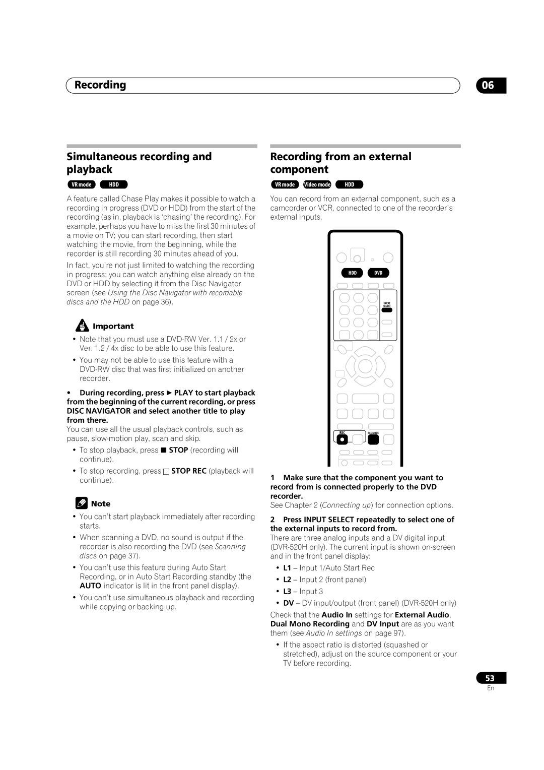 Pioneer DVR-420H manual Recording Simultaneous recording and playback, Recording from an external component 