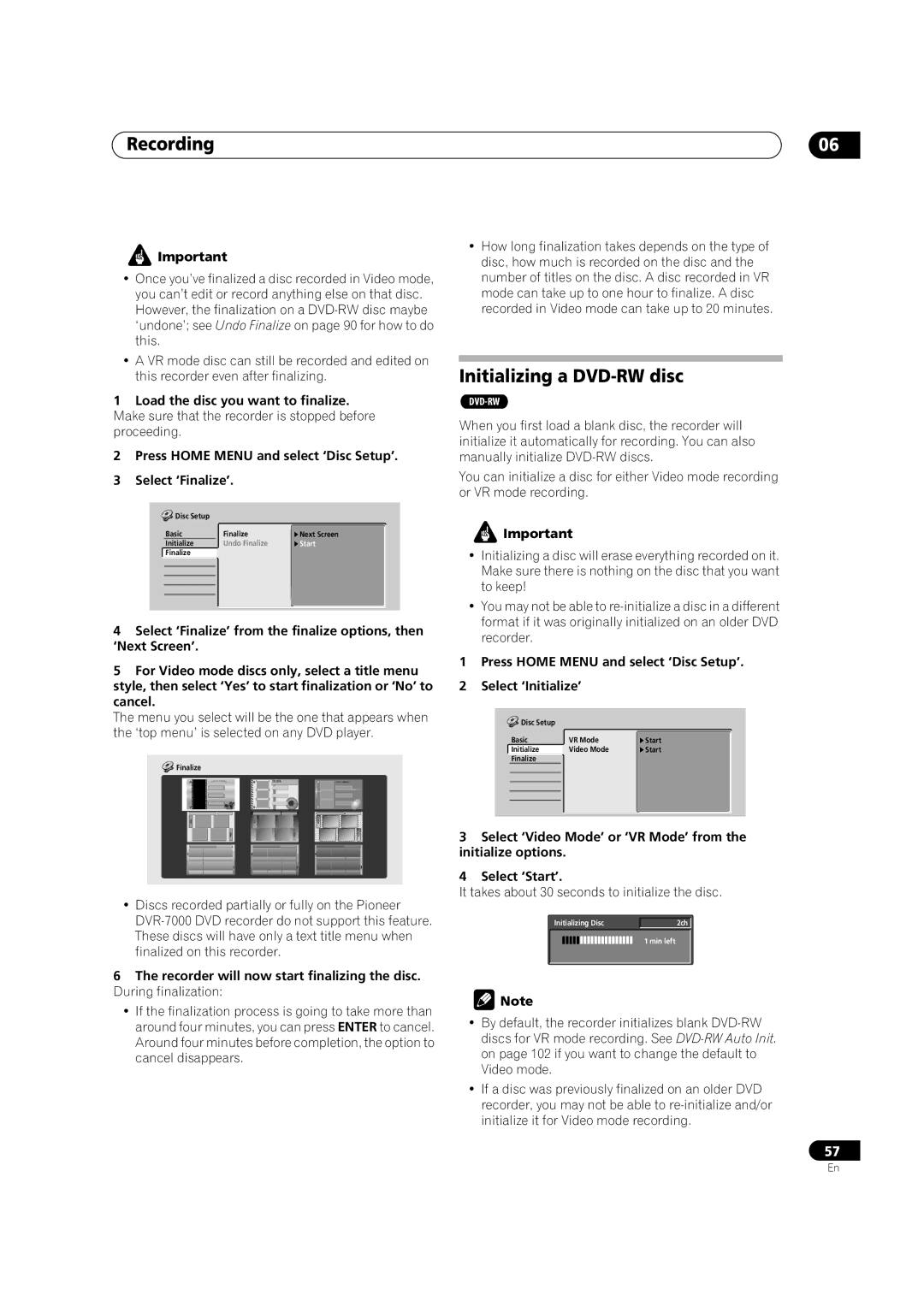 Pioneer DVR-420H manual Initializing a DVD-RW disc, Press Home Menu and select ‘Disc Setup’ Select ‘Initialize’ 