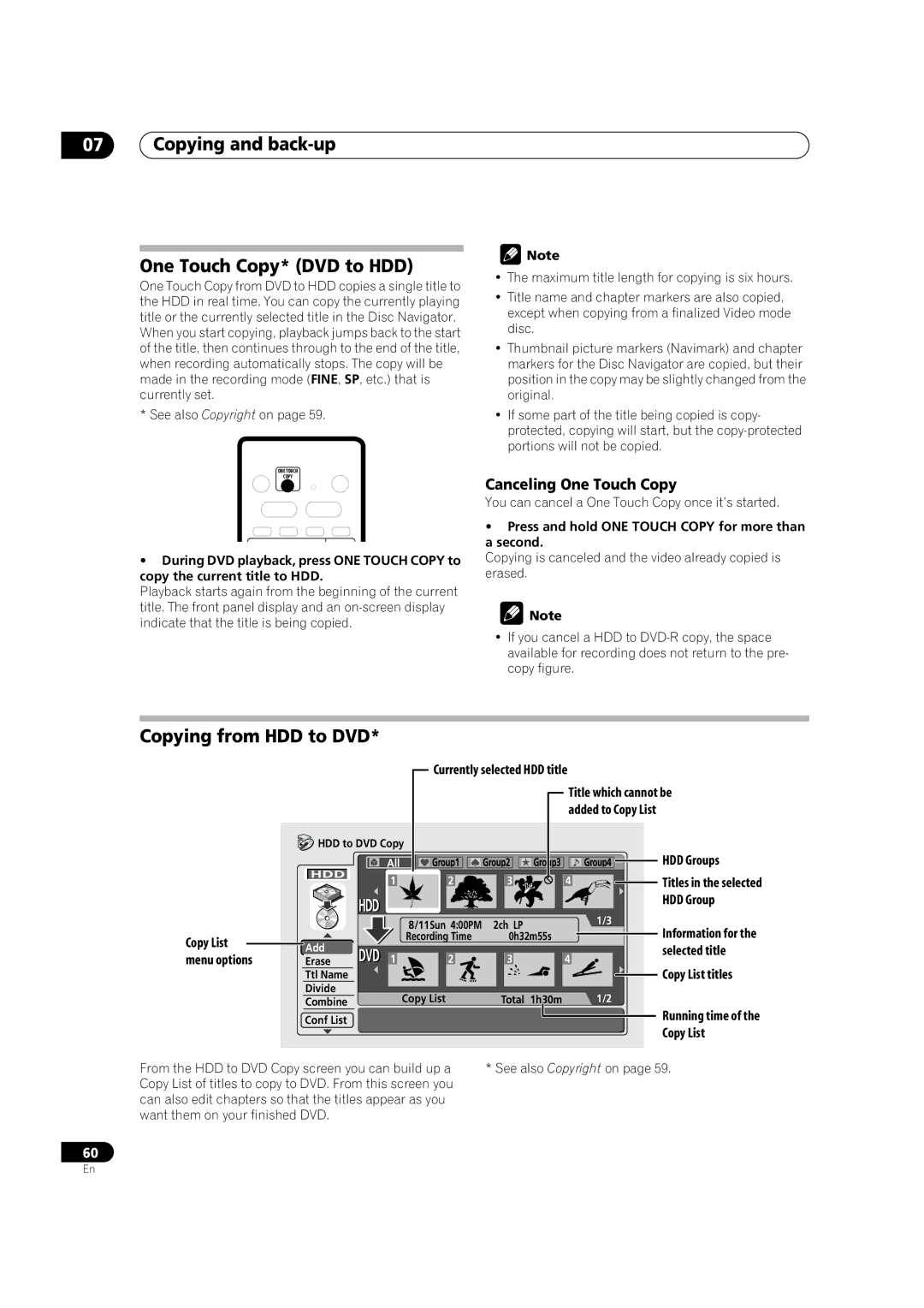 Pioneer DVR-420H manual Copying and back-up One Touch Copy* DVD to HDD, Copying from HDD to DVD, Canceling One Touch Copy 