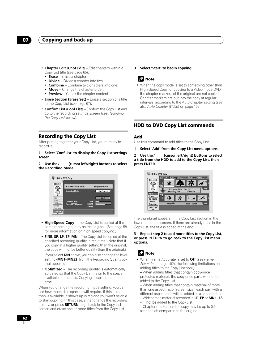 Pioneer DVR-420H manual Recording the Copy List, HDD to DVD Copy List commands, Add, Select ‘Start’ to begin copying 