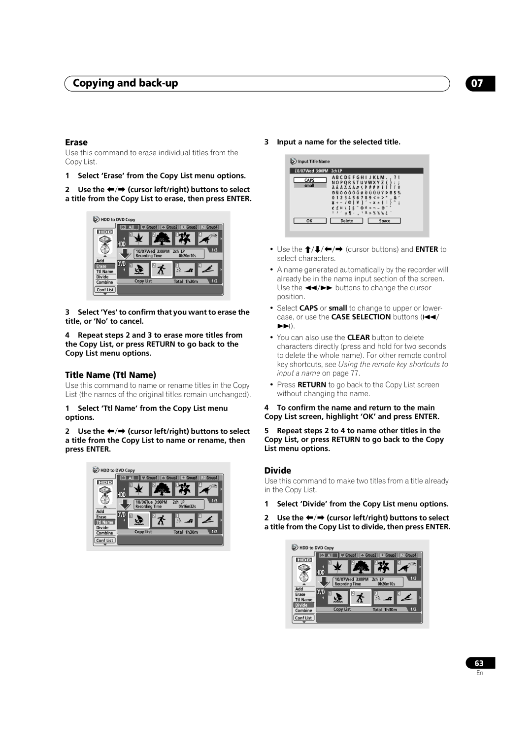 Pioneer DVR-420H manual Erase, Title Name Ttl Name, Divide, Input a name for the selected title 