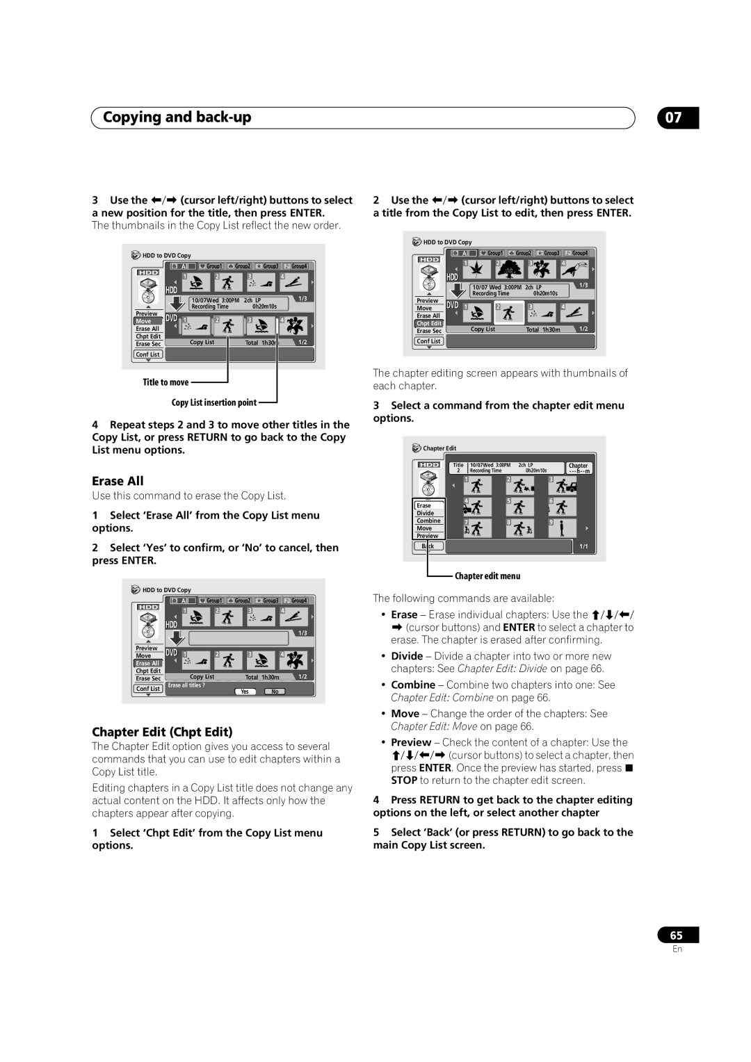 Pioneer DVR-420H manual Erase All, Chapter Edit Chpt Edit, Select a command from the chapter edit menu options 